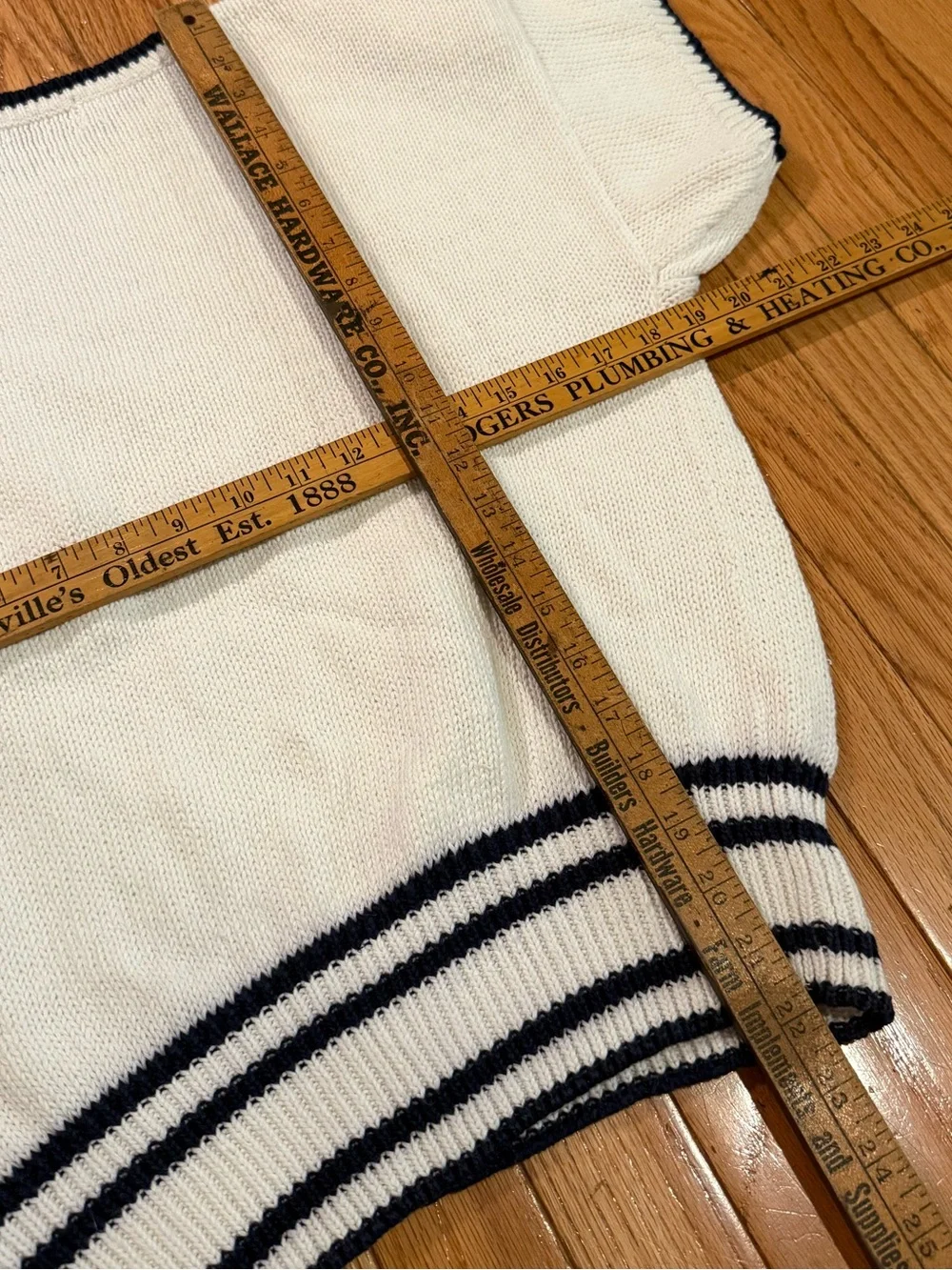 White Short Sleeve Knit Top with Navy Trim Gold Button Detail yacht club coastal - Picture 6 of 7